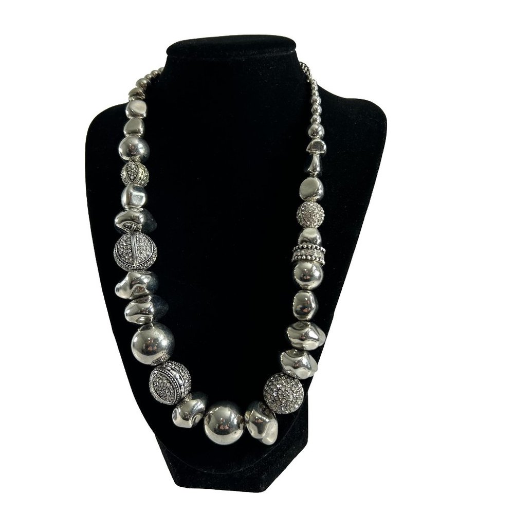 Chicos Silver Tone Beaded Necklace Rhinestones 22" Adjustable